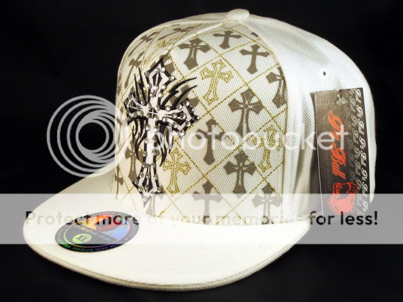 Cross on White Flat Brim Hip Hop Hat Jewels from Pit Bull  