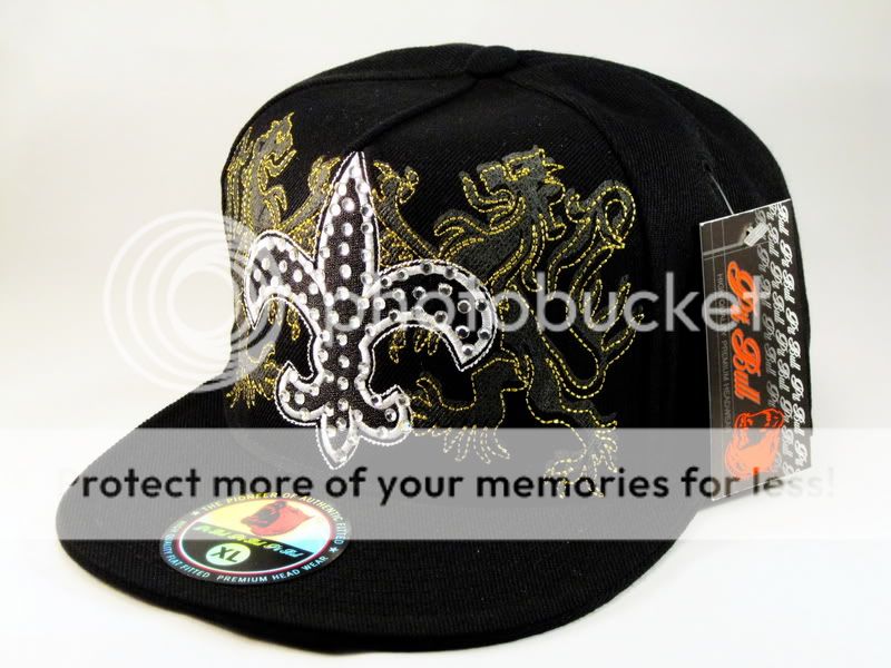 Fleur de lis on Black Flat Brim Hip Hop Hat Jewels from Pit Bull 