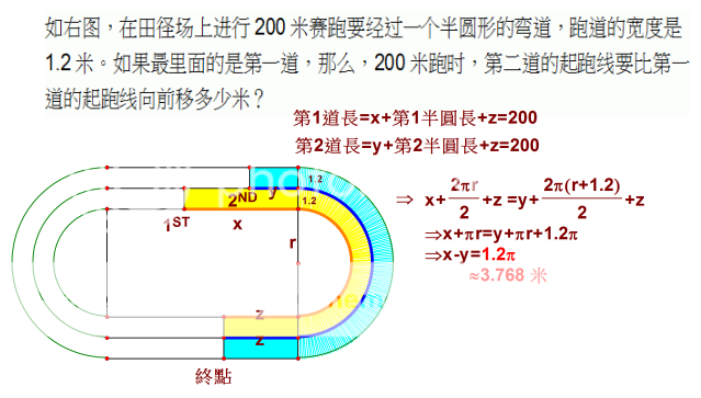 如右图,在田径场上进行200米赛跑要经过一 个半圆形的弯道,跑道的宽度